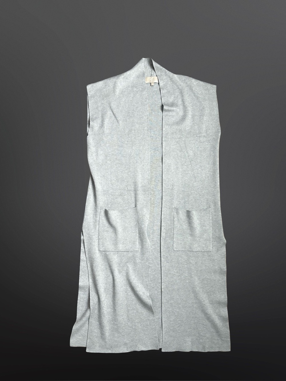 Joan Vass NY Light Gray Sleeveless Open Front Long Cardigan Vest Size Medium